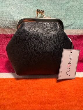 Black Hexagon Kiss-Lock Leather Coin Purse